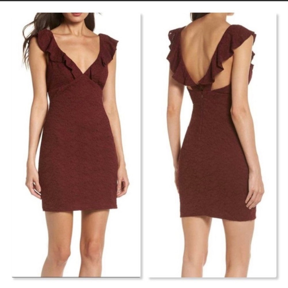 Lulu’s Ruffle Vneck Burgundy Lace Mini Bodycon Dress